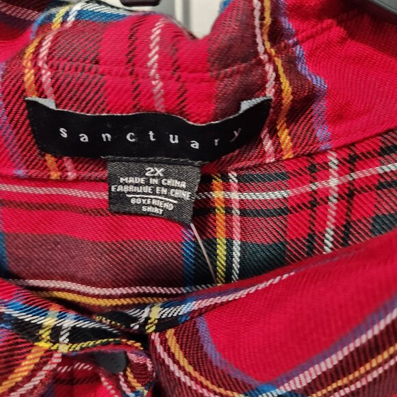 Sanctuary NEW Women's Red Plaid Boyfriend Fit Long Sleeve Snap Blouse Top- 2X - Picture 2 of 8